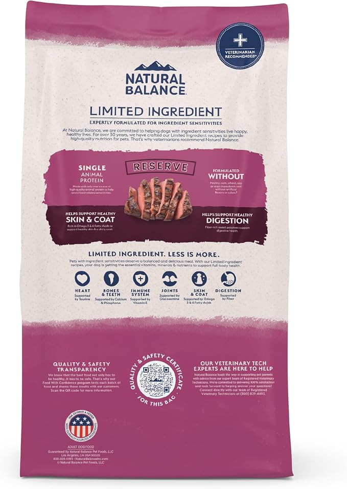 Natural Balance Limited Ingredient Adult Dry Dog Food - Balanced Nutrition for Adult Dogs - Grain-Free, Soy-Free Recipe - Limited Ingredient Formula - 22 lb - Reserve Sweet Potato & Venison Recipe