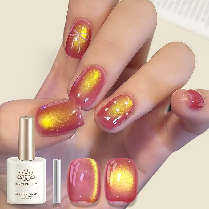 Born Pretty Spring Summer Cat Magnetic Eye Gel Polish,2026 Fruit Golden Pink Holographic Glitter Shimmer Translucent Sheer Magnetic Gel Polish Salon DIY at Home