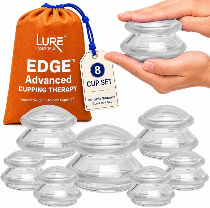 Lure Essentials Edge Silicone Cupping Set, Cupping Kit for Massage Therapy, Long Lasting Cups for Professional & Home Use, Body Sculpt Cup for Cellulite, Ultra Transparent Clear (8 Count)