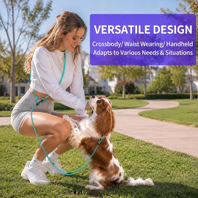 Kazazoo Hands-Free Dog Leash Adjustable Length 5-8 Ft,Crossbody & Waist for Dog Walking, Running for Small Dogs with Reflective Strips, Ballistic Nylon, Waist Belt, Lightweight Green
