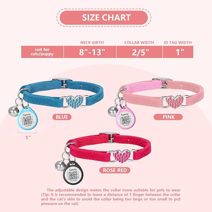 Heart Bling Cat Collar with Safety Belt and Bell Adjustable 8-13 inches for Kitten,Personalized Cat Collar with QR Code Smart ID tag, Pet Name and Phone Number on line,NO app(Pink)
