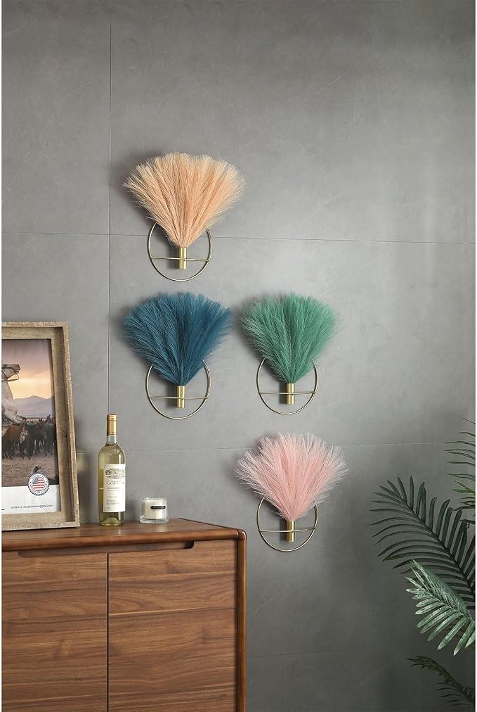 Pretty Jolly Boho Pampas Wall Decor Gold Metal Wall-Mounted Art | Morden Artificial Greenery Display，2 Pack Hanging Planter For Living Room, Bedroom, Bathroom, Dining room