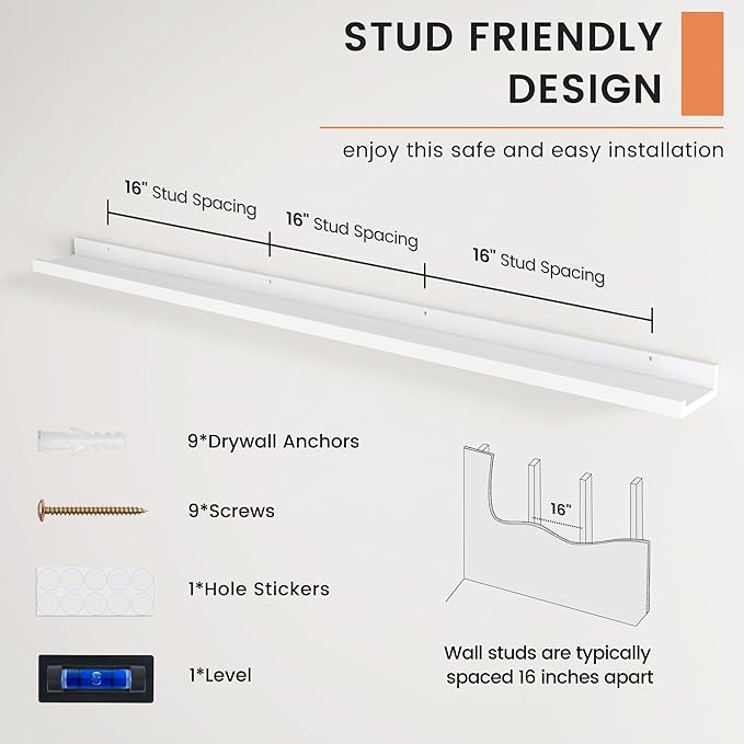 Picture Ledge Shelf, Long Floating Shelves for Wall, 56" W Set of 2, White | FSC Certified Engineered Wood, Wall Mounted Bookshelf, for Nursery Living Room Bedroom, Easy Install