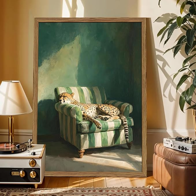 Framed Funny Leopard Canvas Wall Art, Vintage Sleeping Cheetah on Sofa Pictures Wall Decor, Eclectic Animal Paintings Canvas Prints Whimsical Home Decor for Living Room Bedroom 16x24 inch