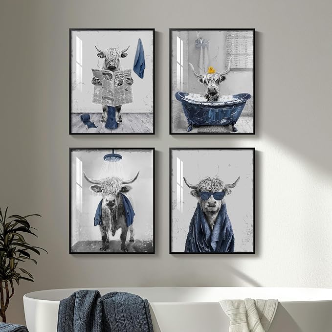 Framed Highland Cow Funny Animal Bathroom Wall Art, 4 Piece 8x10 In | Crystal porcelain coating, Waterproof prints, Navy blue and grey pictures, Wall decor for restroom toilet washroom