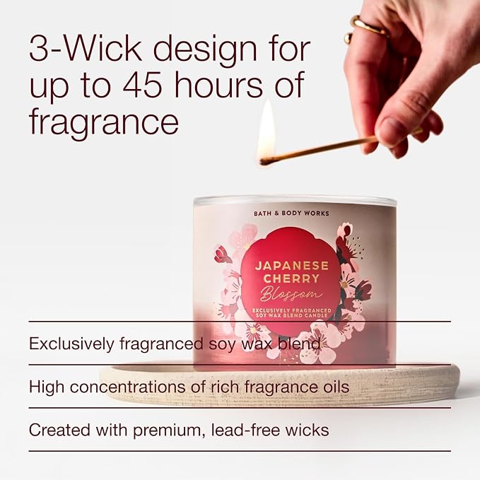 Bath & Body Works Japanese Cherry Blossom 3-Wick Candle - Scented Candle for At-Home Use - Long-Lasting, Room-Filling Fragrance - High Fragrance Oil Concentration - Soy Wax Blend