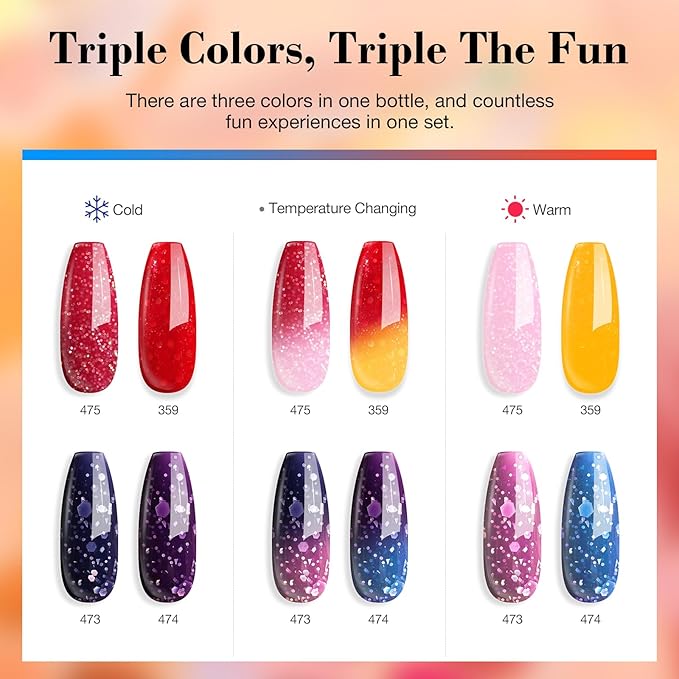 AZUREBEAUTY Color Changing Dip Powder Nail Kit Starter Fall Winter Glitter Pink Blue Purple Orange Mood Temperature Change Dipping Powder Liquid Set with Base Top Coat Activator for Home Manicure Gift