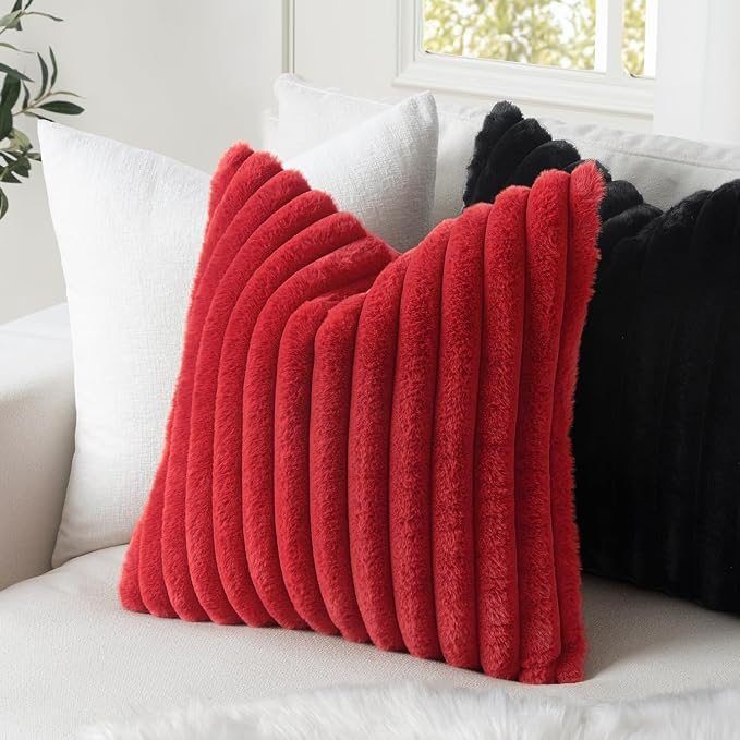 MIULEE Faux Fur Decorative Throw Pillow Covers 20x20 Set of 2 Red | Modern Soft Plush Couch Pillows, Cozy Fluffy Cushion Covers for Sofa Bed Living Room Home Decor
