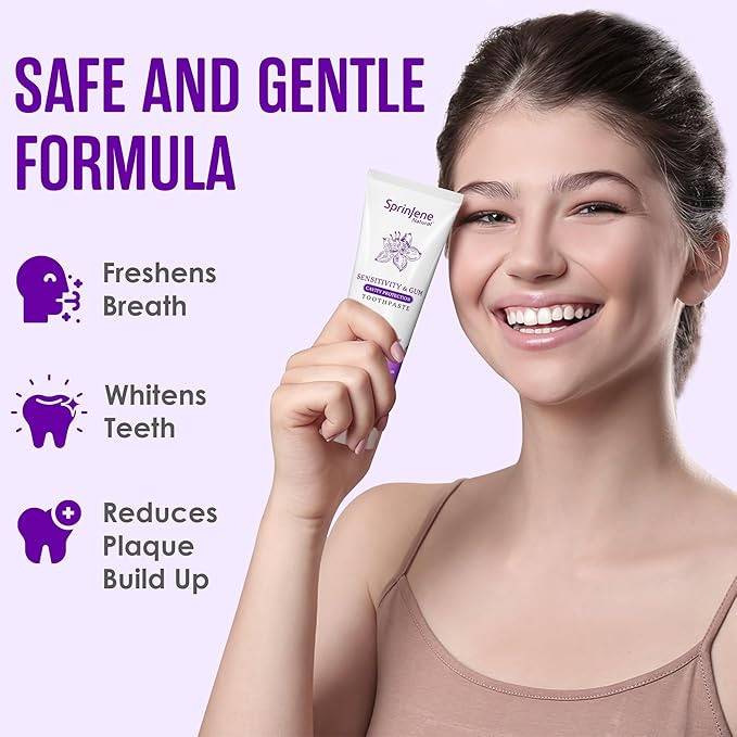 SprinJene Natural Sensitivity & Gum, Fluoride Toothpaste for Sensitive Teeth (1 Pack) + Fluoride Free & Alcohol Free Mouthwash