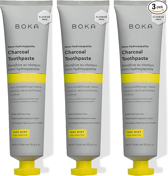 Boka Fluoride Free Toothpaste, Nano Hydroxyapatite Toothpaste, Appropriate for Sensitive Teeth - for Adult, Kids Oral Care - Charcoal Yuzu Mint Flavor, 4 Fl Oz 3Pk US Manufactured