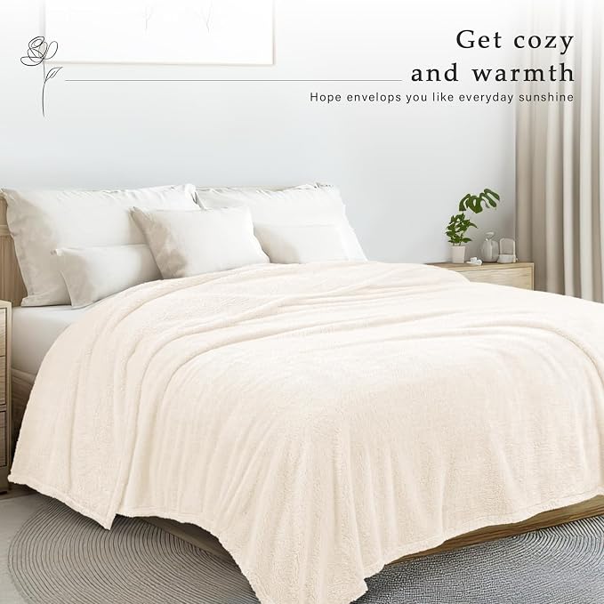 Exclusivo Mezcla Soft Plush Fleece King Size Blankets for Bed Living Room | Lightweight Fuzzy Fluffy Large Blanket for All Seasons, Cozy Velvet for Women Men, Machine Washable, 90"x104", Ivory