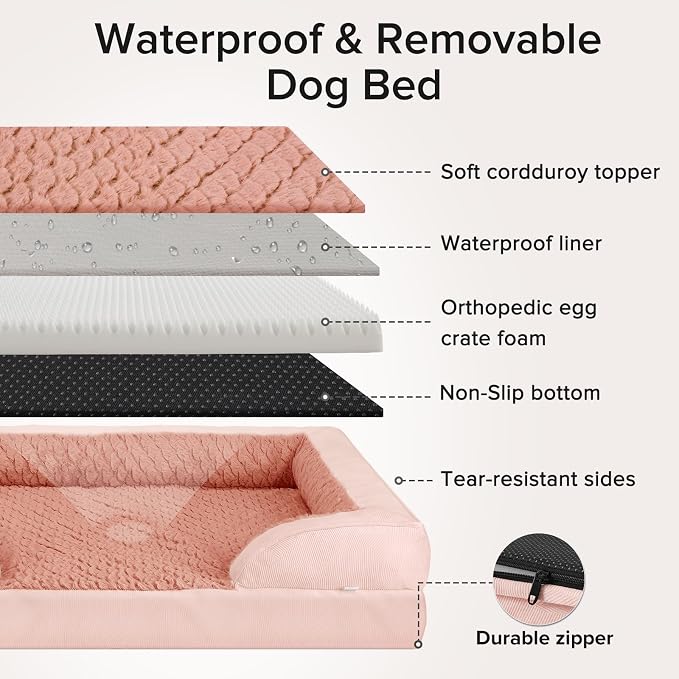 L Plus Orthopedic Dog Bed for Large Dogs, Washable Dog Sofa with Egg-Crate Foam, Waterproof Lining and Non-Skid Bottom