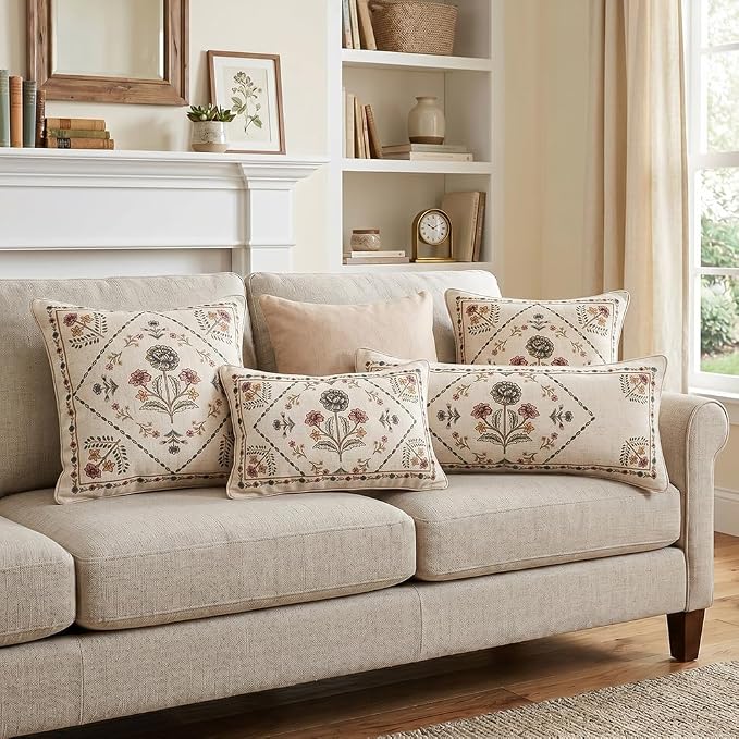 Designer Vintage Linen Throw Pillow Cover,28"x12"-Cornucopia B | Elegant French Rectangle Pillow Cover,Concealed Zipper Design,Floral Pattern,Sofas,Bedroom,Living Room,Lounge Chairs