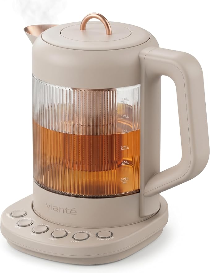 Viante Nina Electric Tea Kettle with Infuser, No Plastic In Contact With Water, 1.5L Borosilicate Glass, 304 Stainless Steel, 4 Temp Presets, Keep Warm, Cordless, Auto Shut-Off, Beige