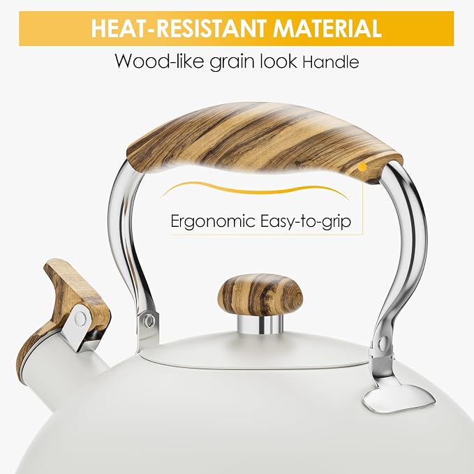 2.6 Quart Tea Kettle Stovetop Whistling for Stove Top, Cream | Food Grade Stainless Steel Tea Kettles with Cool Wood Pattern Handle, Induction Compatible