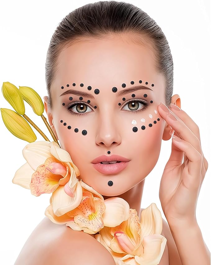 591pcs Face Gems Hair Gems Pearls, Self-Adhesive Face Jewels Eye Rhinestones 3/4/5/6/8 mm Face Gem Stick on, Halloween Makeup Gems Rave Accessories for Face Eyes Body Makeup (13.Black)