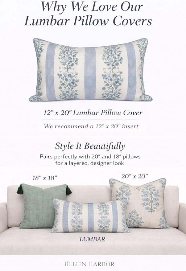 “The Juliet” Floral Block Print Pillow Cover – Soft Blue and Off-White Decorative Throw Pillow Cover – Grandmillennial Home Decor, 12"x20"