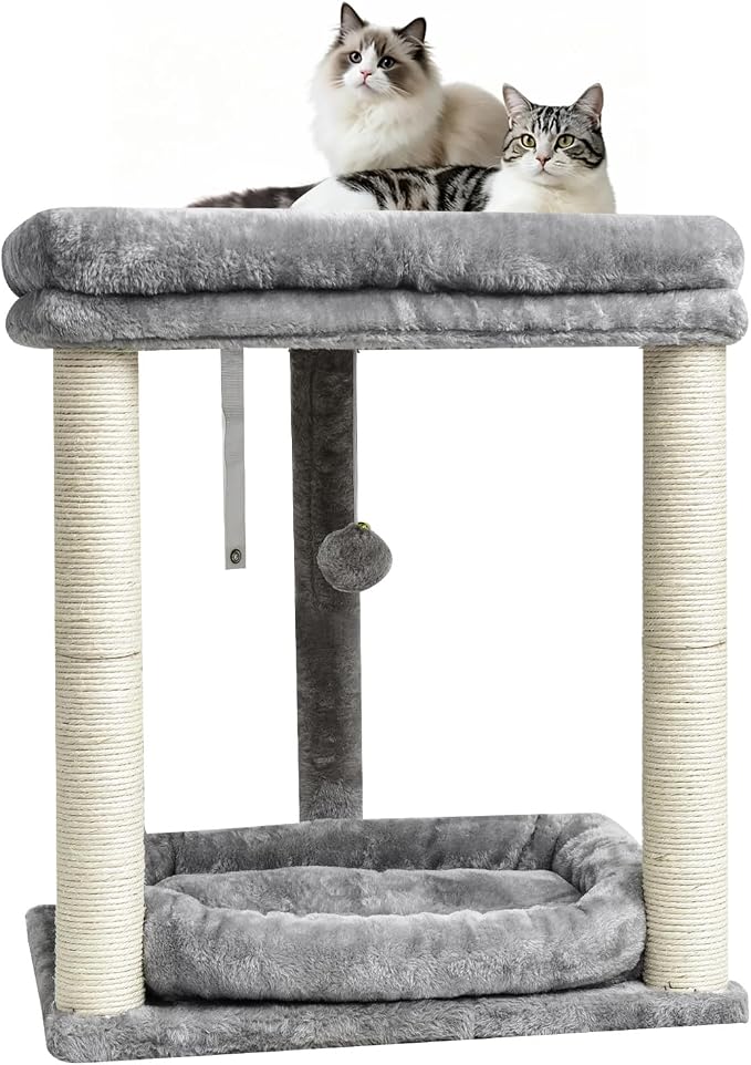 SYANDLVY Small Cat Tree with 2-Tier Perch Platforms, Scratching Post Tower | Natural Sisal, Hanging Bell Ball & Anti-Tip Strap, Modern Cat Furniture for Indoor Cats, Grey