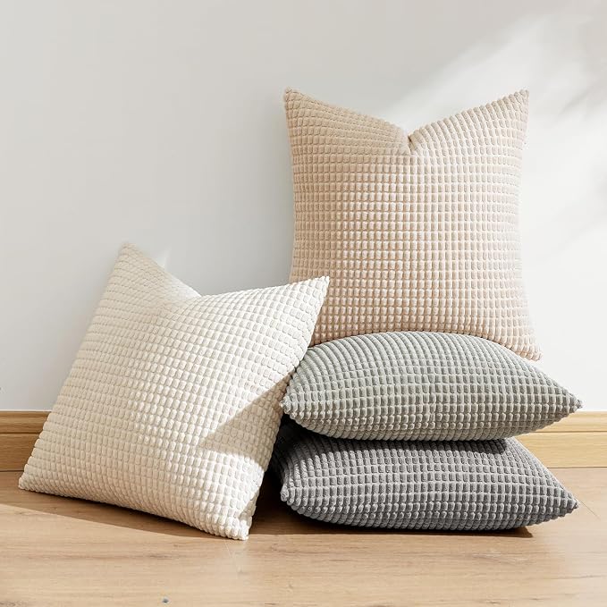 MIULEE Boho Farmhouse Decorative Pillow Covers 18x18 Inch Set of 4 Neutral | Rustic Modern Neutral Home Decor, Couch Throw Pillows, Corduroy Pillowcases for Sofa Living Room Bed