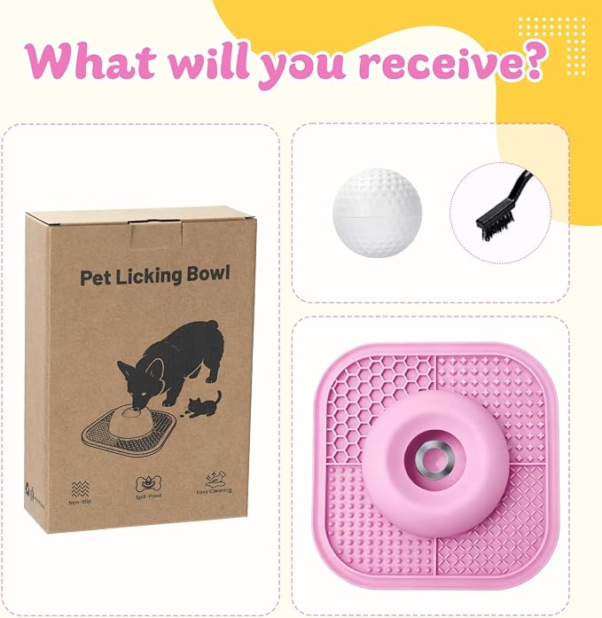 Slow Feeder Dog Bowls & Lick Mat for Liquid and Thick Treat, Anti-Slip Dog Lick Bowl with Interactive Rolling Ball, 5/6 Cup Pup Licking Toy for Large Medium Small Dogs and Cats-Large Pink