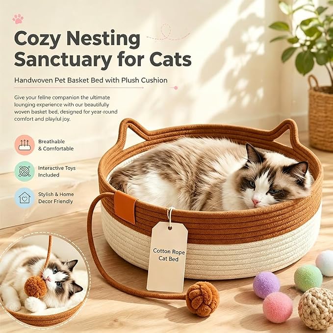Instinct Basket for Cats,Cat Basket Bed with Cushion & Hanging Ball Toy,Handwoven Cotton Rope Cat Basket (Green,M(up to 17Lb))