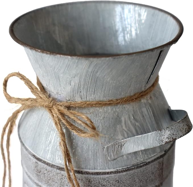 Galvanized Milk Can Antique Retro Vase Metal Planter Rustic Vintage Primitive Flower Holder Farmhouse Country Plant for Home Office Decor, 7.6”
