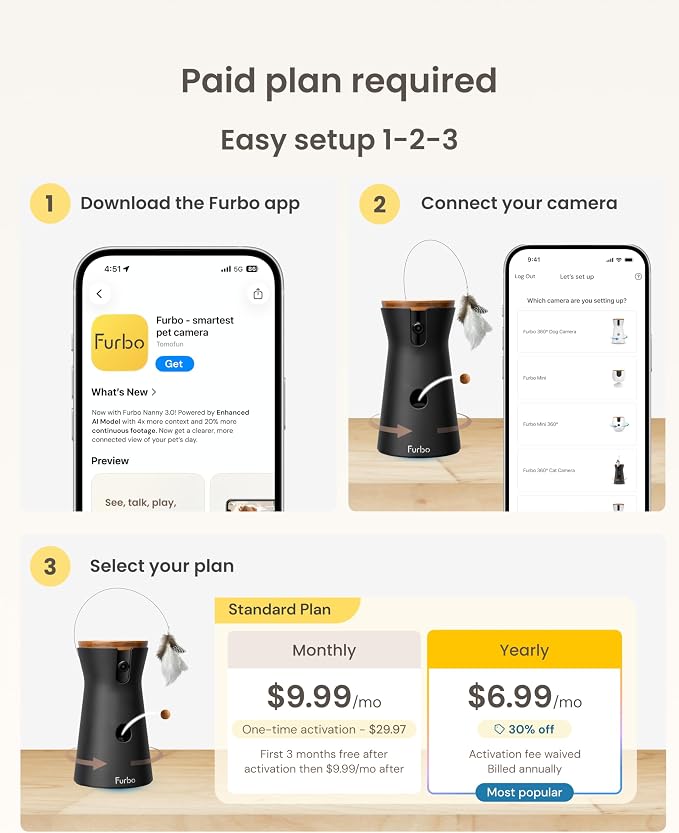 Furbo 360° Cat Camera [Paid Plan Required to Activate] | Stay connected with AI Cat & Home Safety Alerts, Auto-Tracking, Video History & 2-Way Audio. Plan Req. (3mo min)