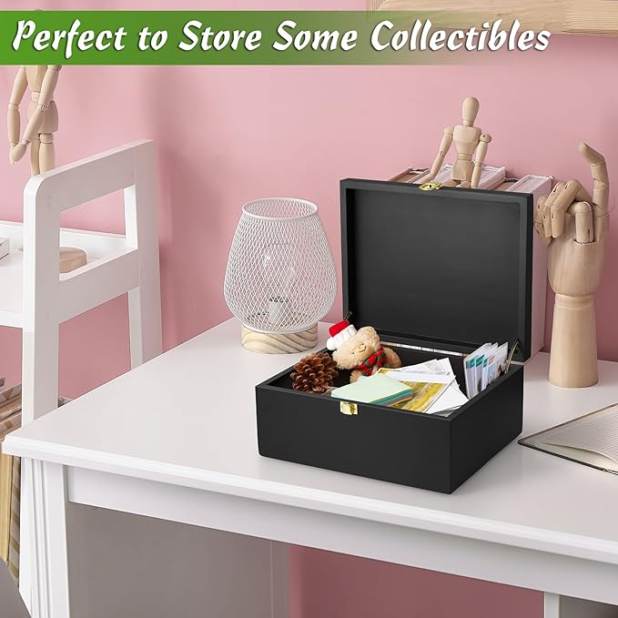 DRASTAR Large Wooden Keepsake Box, Black Memory Box, Decorative Storage Box with Hinged Lid, Large Card Box