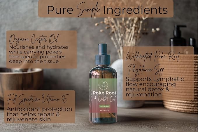 Organic Poke Root Castor Oil | Mess Free Glass Pump | Lymphatic Support | Cysts, Boils, Fibroids, Swollen Lymph Nodes, Breast & Joint | Small Batch USA Made (4oz, Unscented)