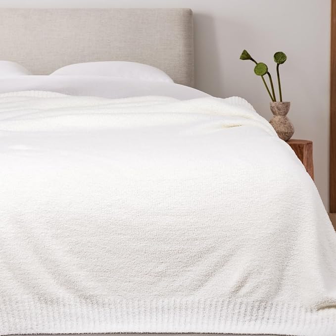 Cream White Fuzzy Knitted Blanket, Soft Lightweight Plush Queen Size for Bed, Cozy Nights (90x90)