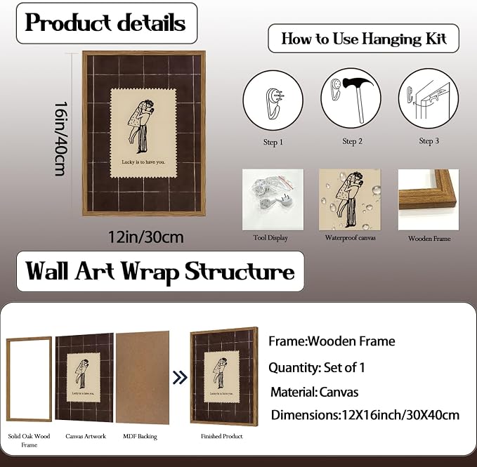 Vintage Love Couples Wall Art, Mid Century Lucky is to Have You Wall Decor Picture Romantic Anniversary Valentine Stamp Poster Canvas Prints for Bedroom Living Room 12x16 inch Wood Framed