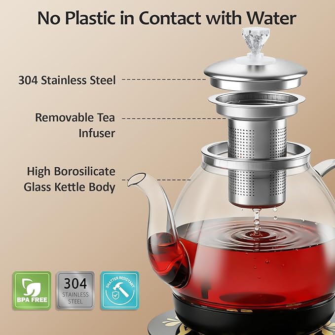 HHT Electric Tea Maker with Infuser, ±1℉ Precise Temperature Control, Glass Electric Kettle for Herbal,Flowers,Fruit Tea and Loose Leaf,BPA-Free,Auto Shut-Off,Brewing Program,Keep Warm,0.8L Black