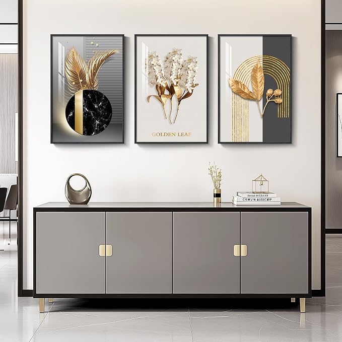 Large Framed Modern Luxury Wall Art for Living Room, 3 Piece 24x36 Inch | Black White Gold Art Prints , Crystal coating wall pictures, Contemporary pictures for bedroom dining room office hallway