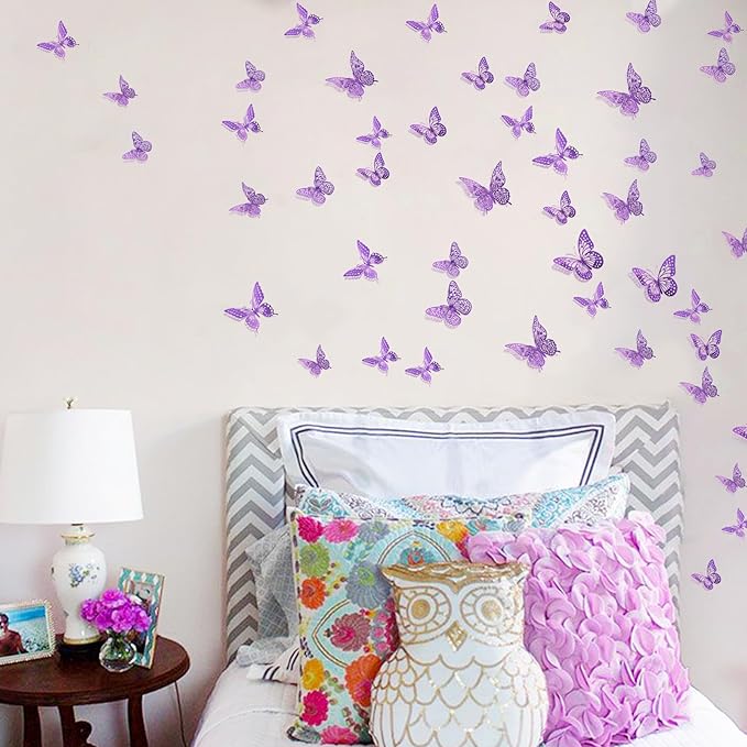 SAOROPEB 3D Butterfly Wall Decor 48 Pcs Purple Butterfly Decorations | 4 Styles 3 Sizes, Birthday Decorations Butterfly Party Decorations Cake Decorations, Removable Stickers