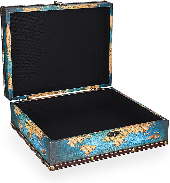 ELLDOO Decorative Treasure Chest Box, Wooden + PU Leather Storage Box for Jewelry Trinkets Photos, Rectangular Keepsakes box for Girls Women Gifts, Green Map Pattern