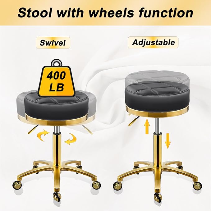 Gold Rolling Vanity Stool with Wheels, Salon Spa Tattoo Massage Pedicure Chair, PU Leather Roller Chair, 43-55cm Height Adjustable Office Work Swivel Stool (Black, Without Back)