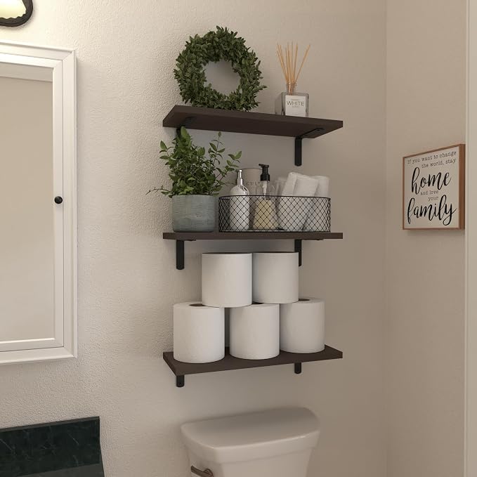 Wood Floating Shelves Set of 6, Shelves for Wall Decor, Farmhouse Shelf for Bedroom, Bathroom Storage Shelves, Book Shelves for Living Room, Dark Brown