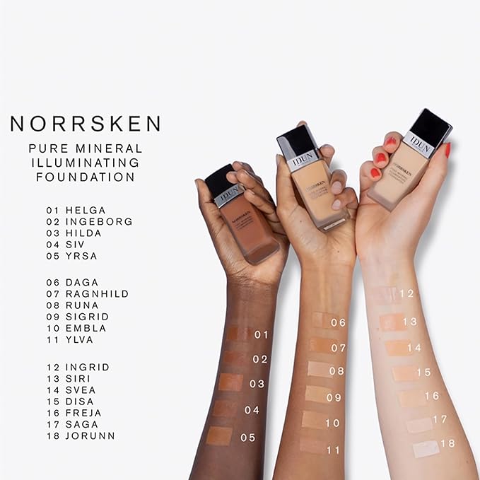 IDUN Minerals Liquid Norrsken Foundation - Silky Smooth Coverage - Luminous, Dewy Finish for Dry and Dull Skin - Water Resistant and Vegan Makeup - 223 Ingeborg - Warm Medium Brown - 1.01 oz
