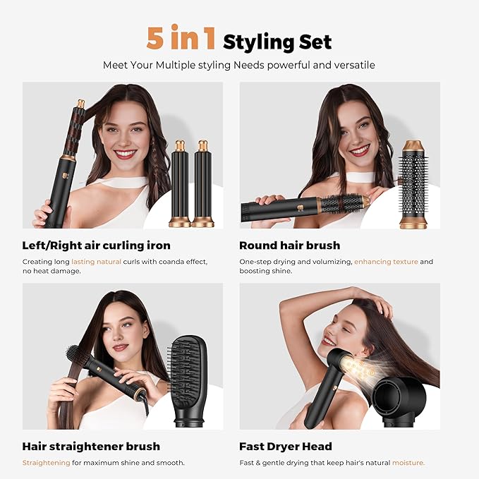 5 in ONE Hair Dryer Brush, Blow Dryer Curling Wand Hair Styling Tools Set, Ionic Hot Air Massage Oval Blowout, Left&Right Styler 100-120V