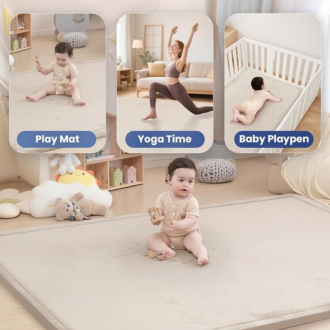 Large 79"x118" Baby Activity Play Mat for Floor,2" Extra Thick Elasti Foam Mat for Tummy Time &Crawling,Non-Slip Nursery Rug for Infants,Toddlers & Kids,Tatami Style for Classroom&Playroom (Beige)