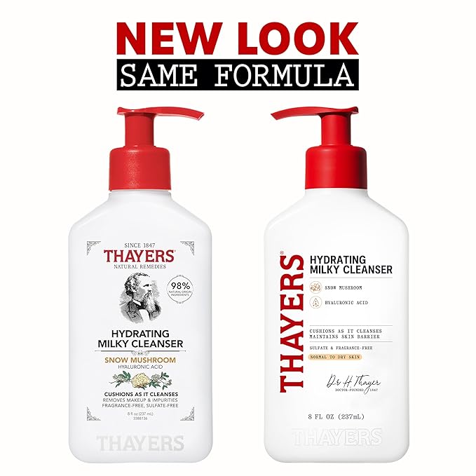 Thayers Milky Hydrating Face Cleanser with Snow Mushroom and Hyaluronic Acid, Dermatologist Recommended Gentle Facial Wash and Hydrating Skincare for Dry and Sensitive Skin, Paraben Free, 8 Fl Oz