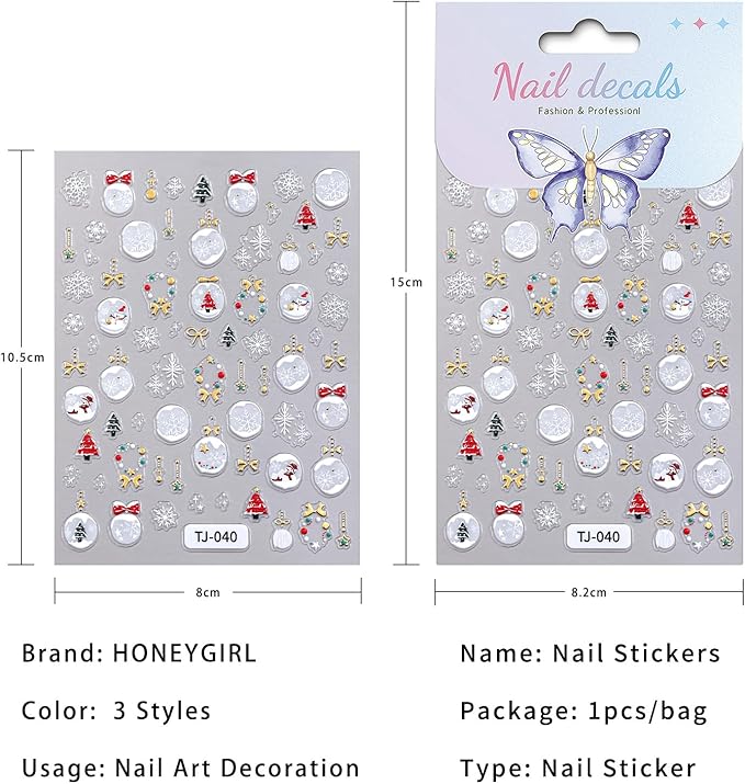 Snowflake Nail Stickers for Nail Art, 5D Embossed Self-Adhesive Christmas Nail Decals, Mushroom Nail Supplies Nail Art Design Accessories for Women and Girls Manicure DIY Decoration