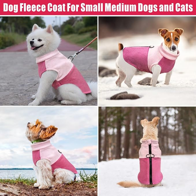 Idepet Dog Fleece Vest Sweater Zip Up Warm Pullover Dogs Jacket with D-Ring Leash Winter Cold Weater Coat Pet Sweatershirt Clothes Hoodie for Small Medium Dogs Boy Girl (Pink/Rose Red, M)