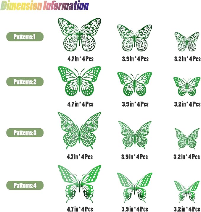 SAOROPEB 3D Butterfly Wall Decor 48 Pcs Dark Green Butterfly Decorations | 4 Styles 3 Sizes, Green Birthday Butterfly Party Decorations Butterfly Cake Decorations, Removable Stickers