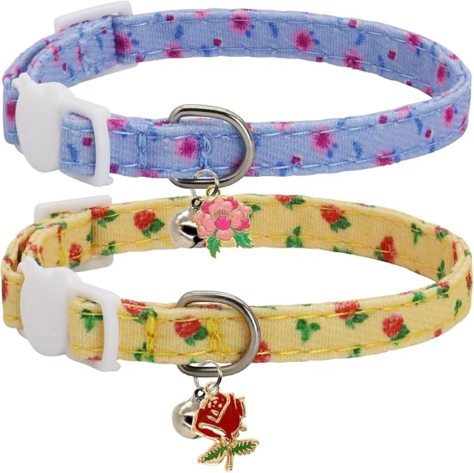 Cat Collars for Girl Cats & Boys, 2 Pack Soft Cotton Breakaway Collar with Removable Bell and Cute Charms, Adjustable Safety Pet Necklace, Rose