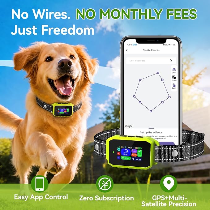GPS Wireless Dog Fence, 2-1 Smart GPS Wireless Dog Fence& Training Collar | IP67 Waterproof, No Subscription Fees, Pet Containment System with 3 Training Mode Beep/Vibration/Static, for Dogs 10–120 lbs