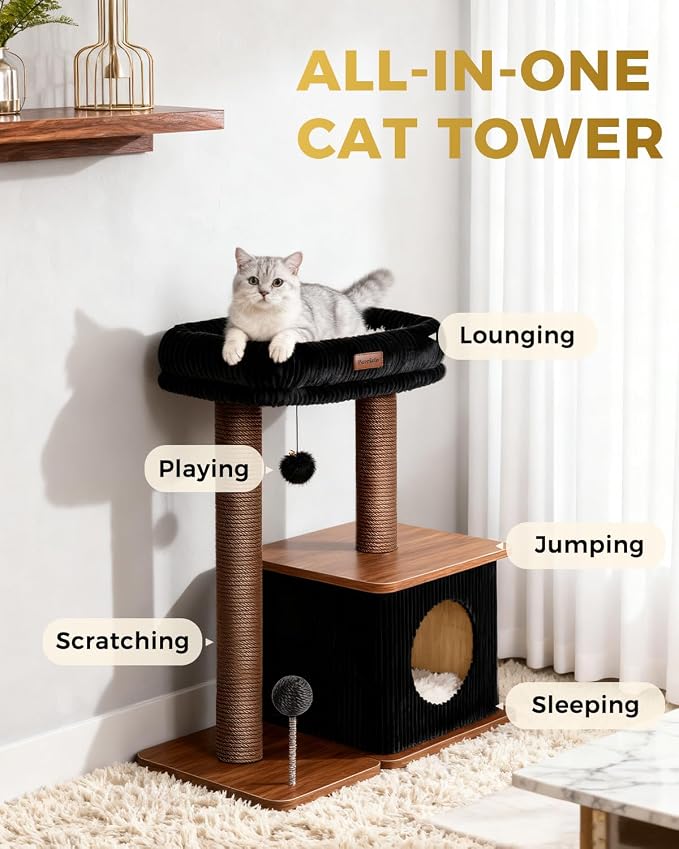 Small Cat Tree for Indoor Kittens, 30" Compact Modern Cat Tower | Natural Bamboo Cozy Condo, Soft Padded Perch, Sisal Scratching Post, Dangling Ball Toy, Stable Base, for Cats up to 15 lbs