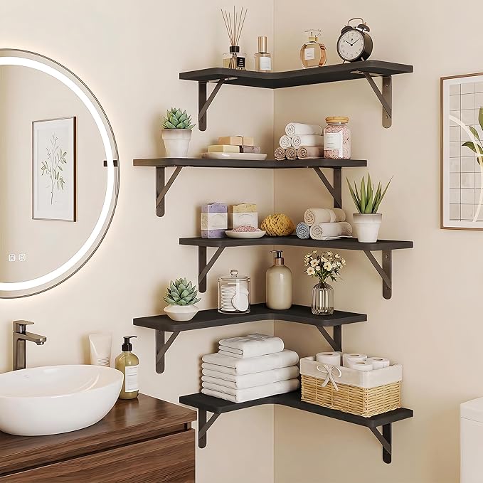 Fixwal Conner Shelves Wall Mounted for Decor, Black Set of 5 | Solid wood shelf with metal brackets, holds 40 lbs. Optimizes corner storage. Fits bathroom, kitchen, bedroom & living room.