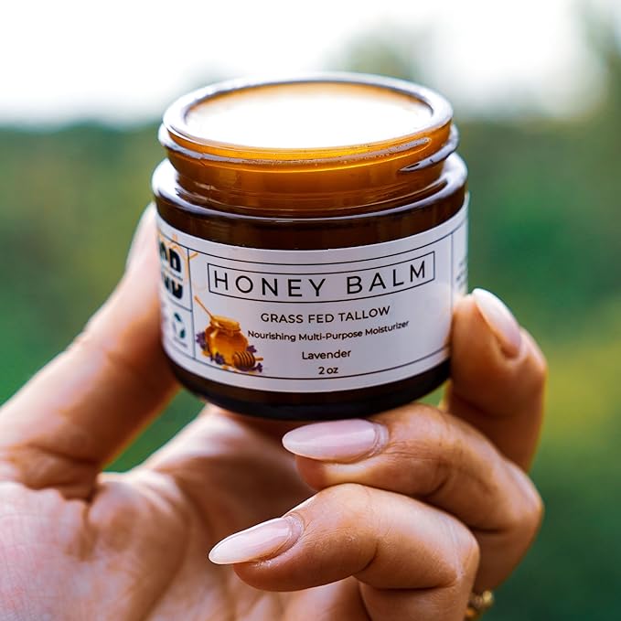 Tallow Honey Balm, Organic Body Butter, Grass-Fed Beef Tallow for Skin, Soothing All-Natural Moisturizer for Body and Face | Made in USA - 2 oz (Lavender)