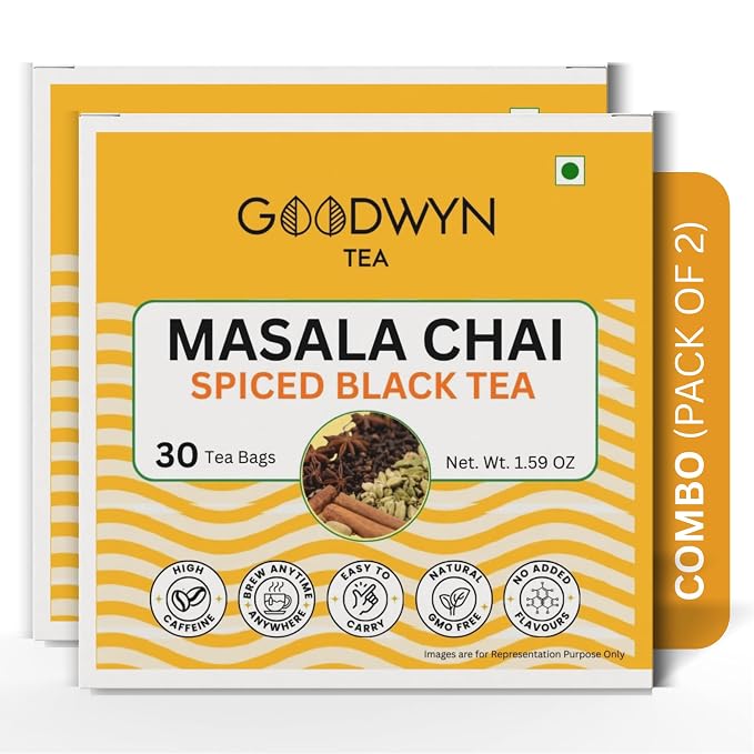 Goodwyn Masala Black Tea Chai, 60 Tea Bags | Authentic Indian Spiced Chai | Assam Tea | Natural Herbs & Spices | Plastic Free Bags